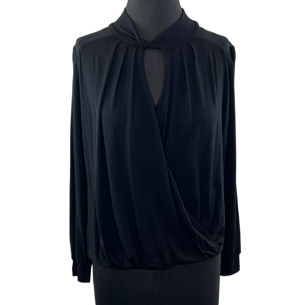 KAREN MILLEN Black Matte Jersey Wrap-Style Keyhole Neck Long Sleeve Blouse 8